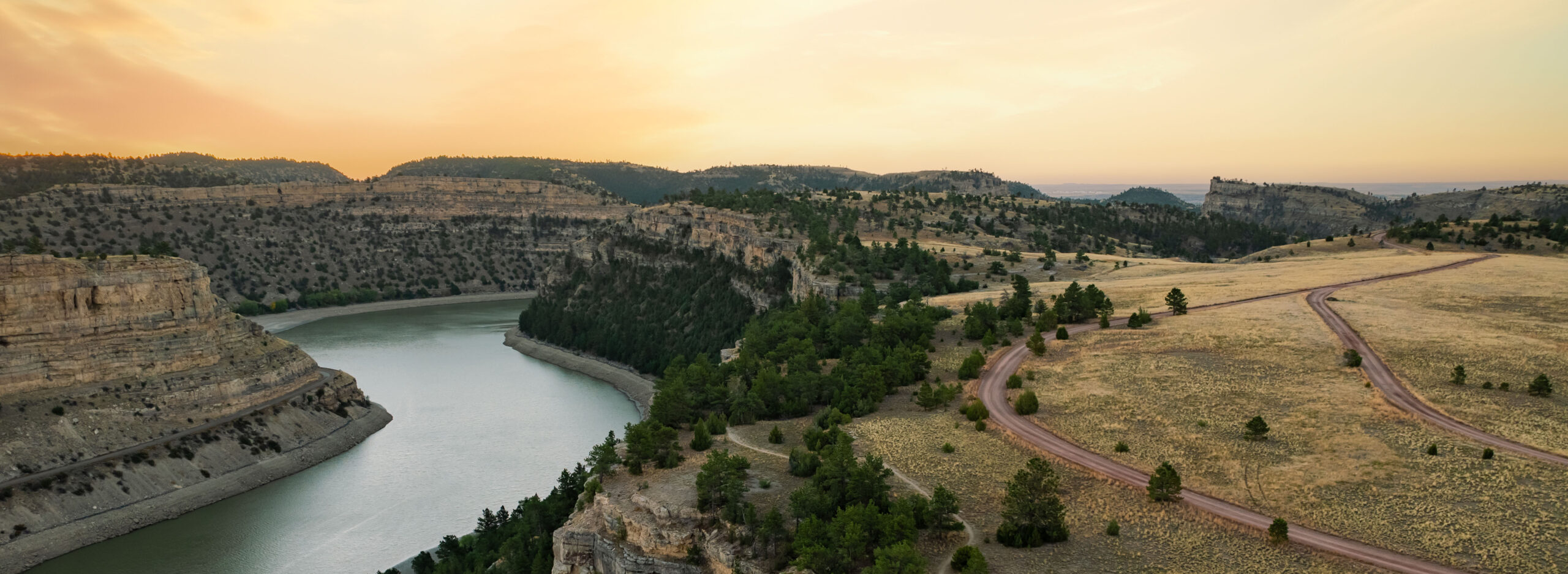 A beautiful vista at sunset of the trails and rivers of Platte County, Wyoming